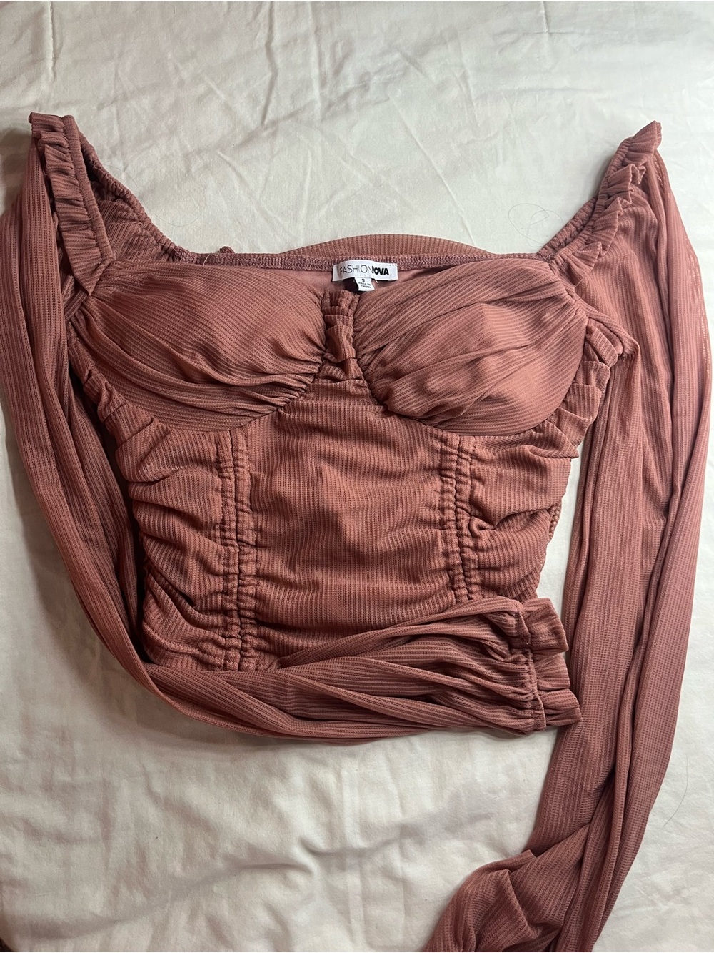 Fashion Nova Mauve Ribbed Ruched Sweetheart Long Sleeve Crop Top